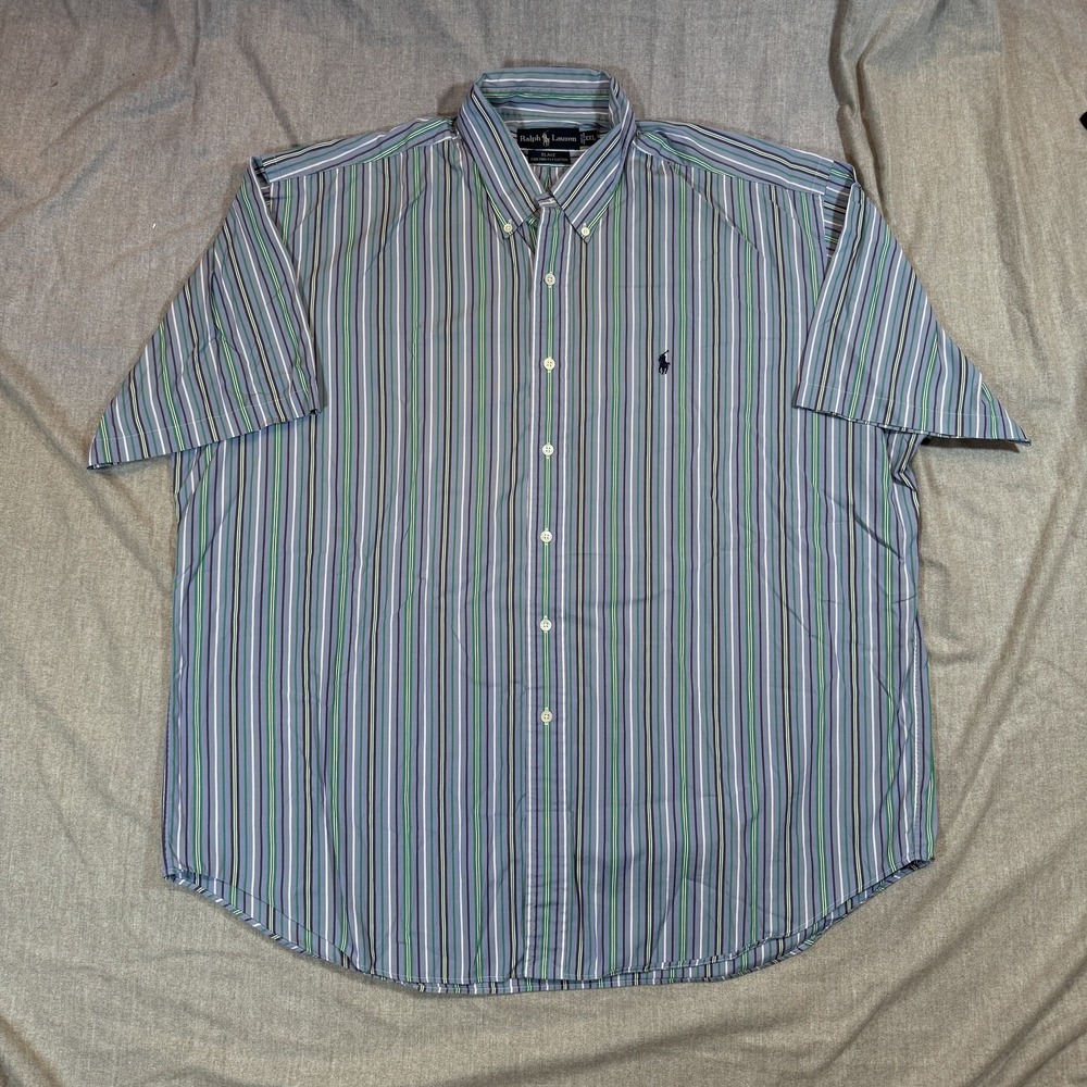 Ralph Lauren‎ Shirt Mens 2XL Blue Green Striped Blake Short Sleeve Polo Pony